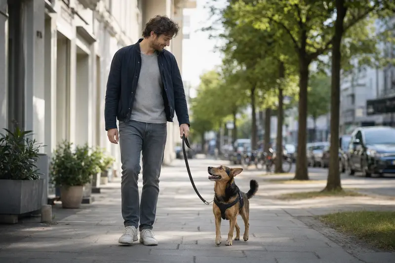 Ein Harzer Fuchs läuft an der Leine mit seinem Besitzer durch eine moderne Stadtstraße.