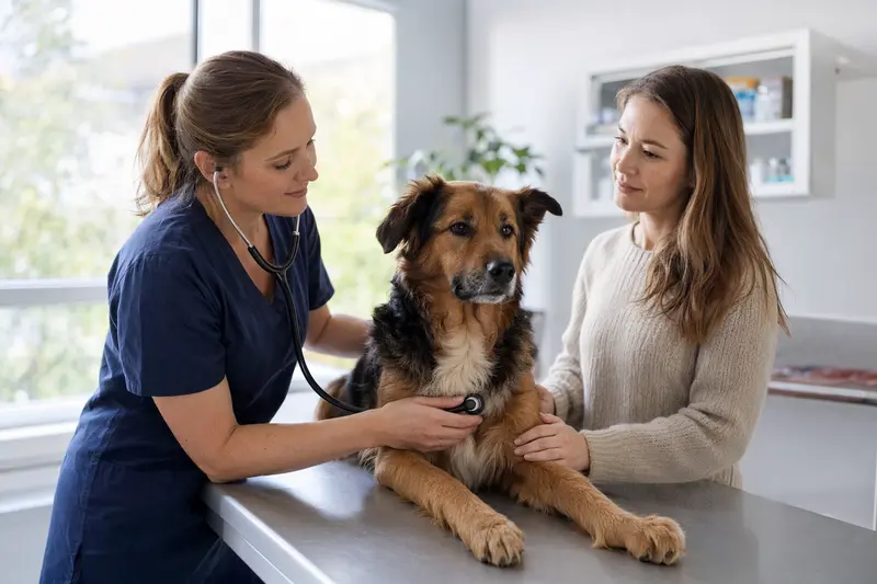 Ein ruhiger Harzer Fuchs Hund wird von einer freundlichen Tierärztin mit einem Stethoskop in einer modernen Tierarztpraxis untersucht.