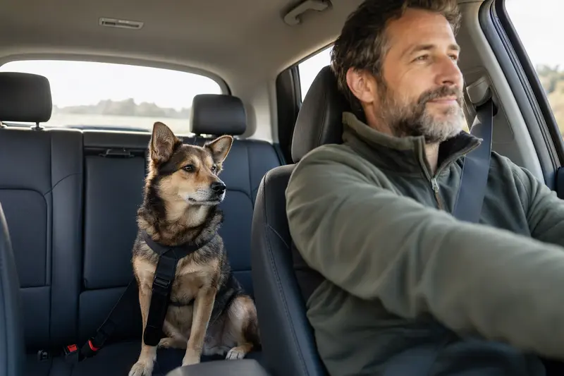 Ein Harzer Fuchs Hund sitzt sicher angeschnallt auf der Rückbank eines Autos und genießt die Fahrt bei Sonnenschein.