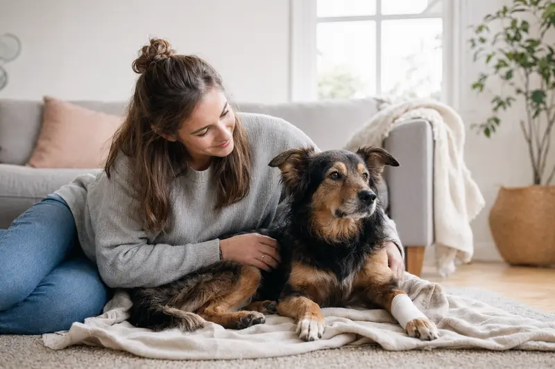 Ein entspannter Harzer Fuchs Hund mit einem leichten Verband an der Pfote liegt neben seinem besorgten, aber erleichterten Besitzer in einer hellen Wohnung.