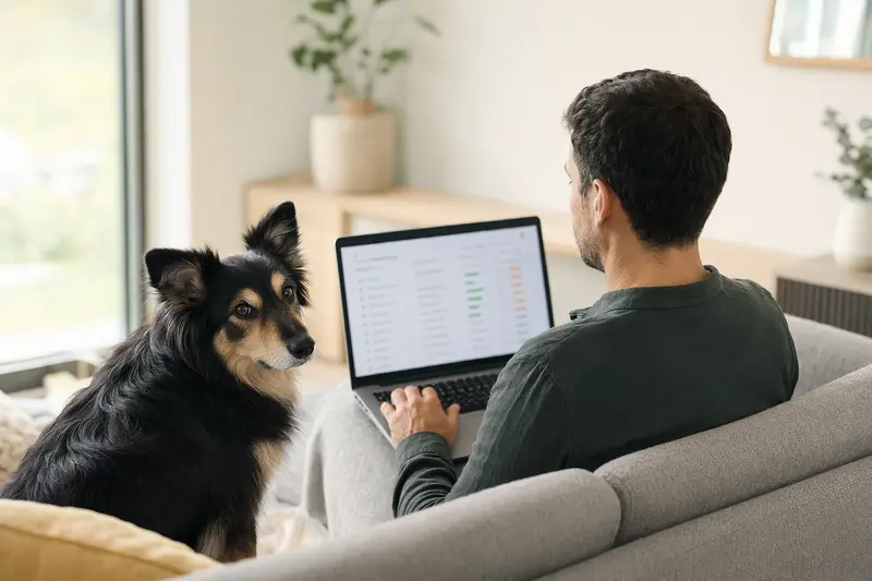 Ein Hundebesitzer sitzt mit einem Laptop auf dem Sofa, während ein Harzer Fuchs Hund neben ihm entspannt, was die einfache Entscheidung für eine Tierkrankenversicherung symbolisiert.