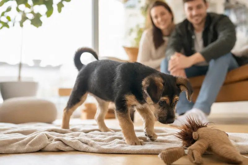 Ein junger Harzer Fuchs Welpe erkundet neugierig seine neue, liebevolle Umgebung mit einer weichen Decke und Spielzeug.