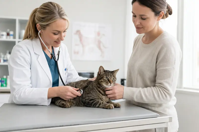 Eine ruhige Hauskatze wird von einer freundlichen Tierärztin auf einem Untersuchungstisch in einer modernen Tierarztpraxis untersucht.