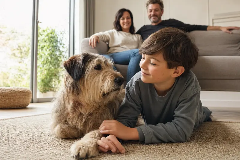 Ein freundlicher Haut-Poitou Hund liegt entspannt neben einem Kind im Wohnzimmer, während die Eltern im Hintergrund eine sichere Familienatmosphäre schaffen.