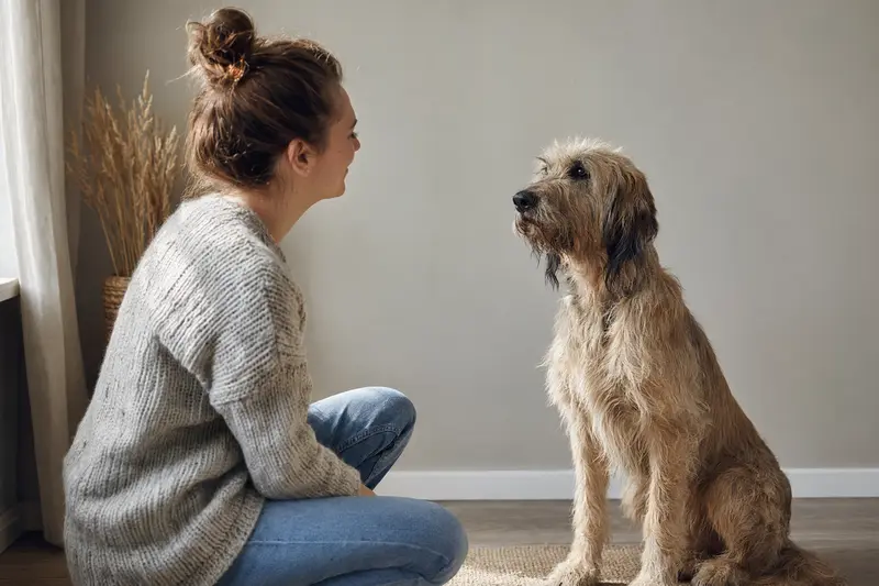 Ein Haut-Poitou Hund steht aufmerksam vor hellem Hintergrund und zeigt die typische Körperform und Fellstruktur der Rasse.