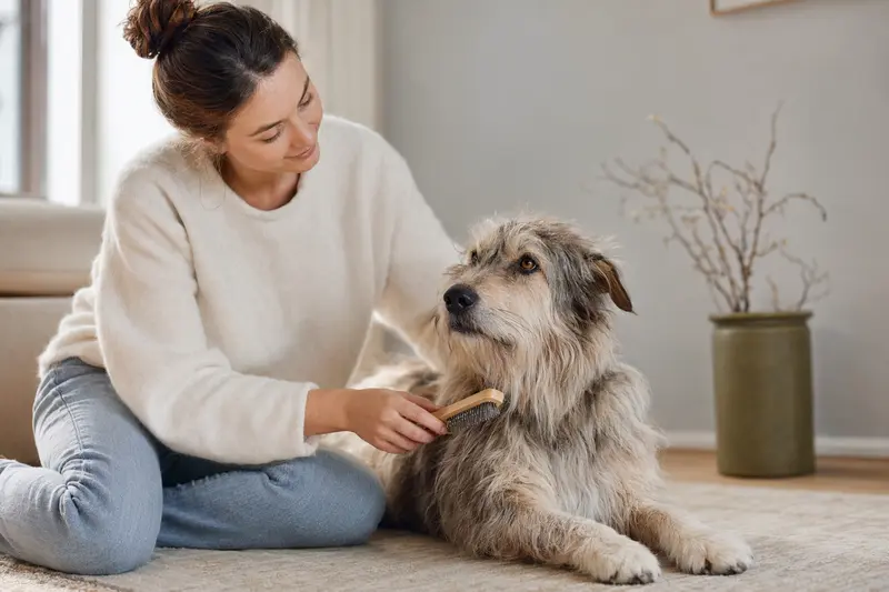 Ein Haut-Poitou Hund wird in einer hellen Wohnung liebevoll gebürstet und gepflegt.