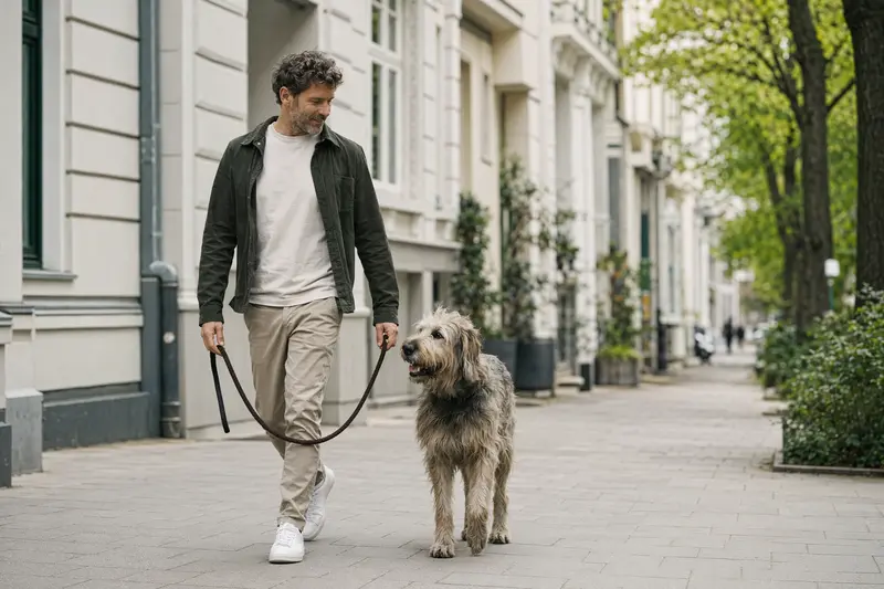 Ein Haut-Poitou Hund läuft entspannt an der Leine mit seinem Besitzer durch eine moderne Stadtstraße.