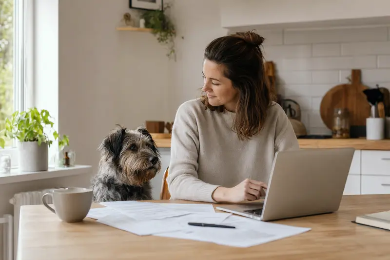 Ein ruhiger Haut-Poitou Hund sitzt neben seinem Besitzer am Küchentisch mit Versicherungsunterlagen und einem Laptop.