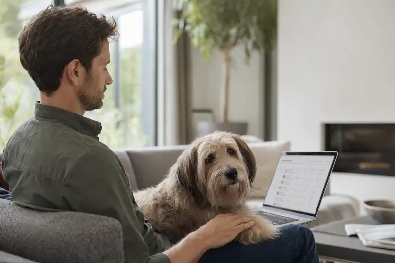 Ein Besitzer arbeitet am Laptop auf dem Sofa, während sein Haut-Poitou Hund entspannt daneben sitzt.