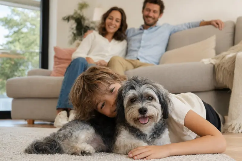 Ein entspannter Havaneser Hund liegt neben einem Kind im Wohnzimmer, umgeben von einer warmen, familiären Atmosphäre.