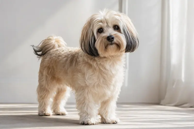 Ein schöner Havaneser Hund steht aufmerksam vor hellem Hintergrund und zeigt die charakteristische Körperform und Fellstruktur der Rasse.