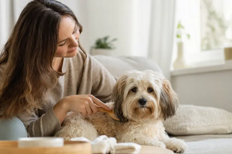 Ein Havaneser Hund wird von seinem Besitzer liebevoll zuhause gebürstet, was die Bedeutung von Fellpflege für die Gesundheit des Tieres unterstreicht.