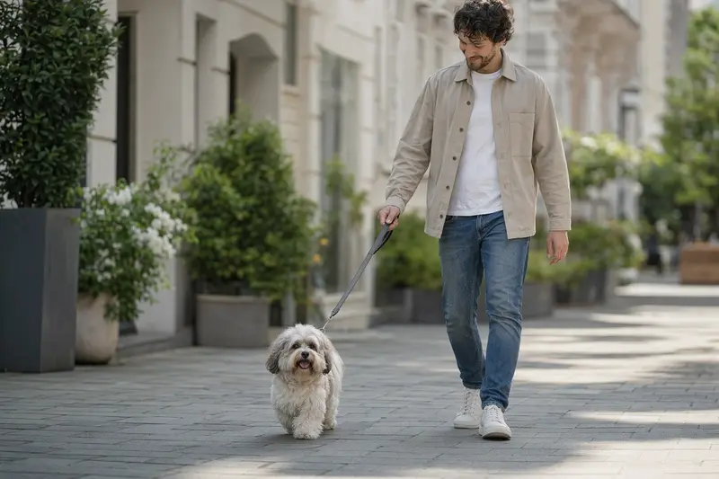 Ein Havaneser Hund läuft an der Leine mit seinem Besitzer durch eine moderne Stadtstraße.
