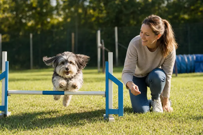 Ein Havaneser trainiert mit seinem Besitzer auf einem Hundeplatz über eine kleine Hürde und wirkt dabei fröhlich und aufmerksam.