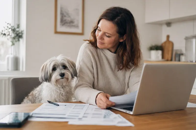 Ein ruhiger Havaneser Hund sitzt neben seinem Besitzer am Küchentisch, auf dem Versicherungsunterlagen und ein Laptop mit Vergleichsseite liegen.