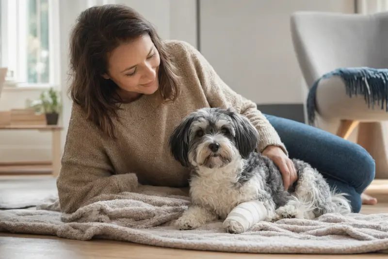 Ein ruhiger Havaneser Hund mit einem leichten Verband an der Pfote liegt auf einer Decke, während sein erleichterter Besitzer daneben sitzt.