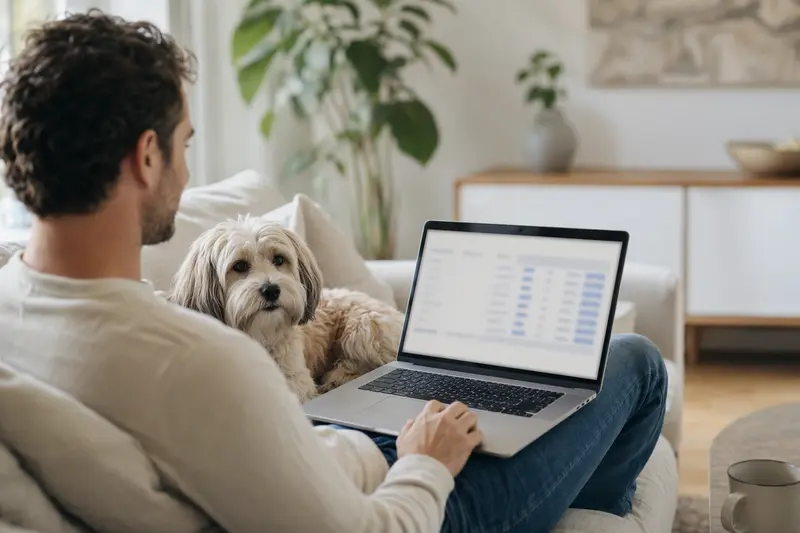 Zufriedener Hundebesitzer mit Laptop auf dem Sofa, neben dem Havaneser, während er sich über Tierversicherungen informiert.