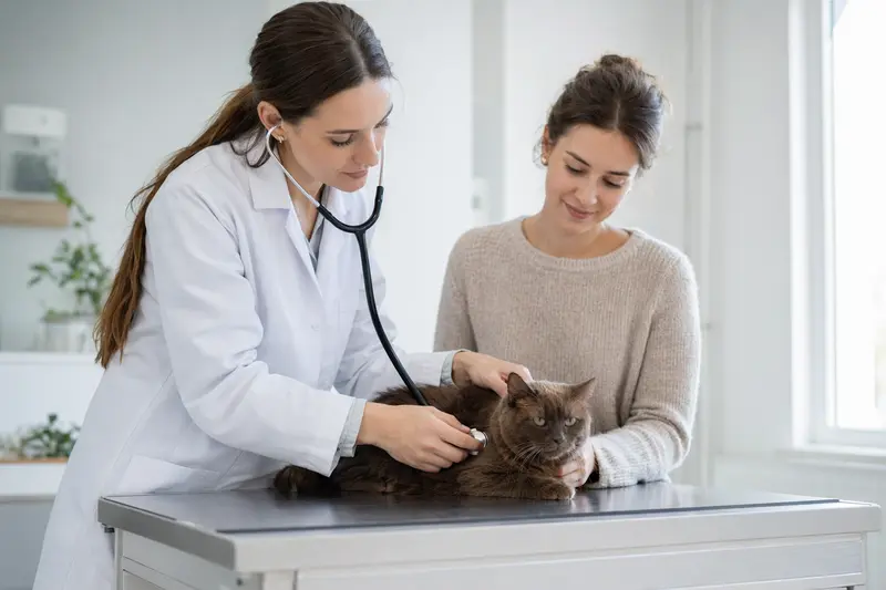 Eine ruhige Havanna Katze wird von einer Tierärztin auf einem modernen Untersuchungstisch untersucht.