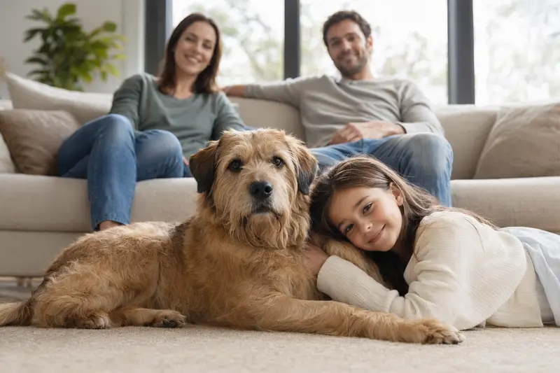 Ein freundlicher Hawaiian Poi Dog liegt entspannt neben einem Kind im Wohnzimmer, während die Eltern im Hintergrund eine sichere Familienatmosphäre schaffen.