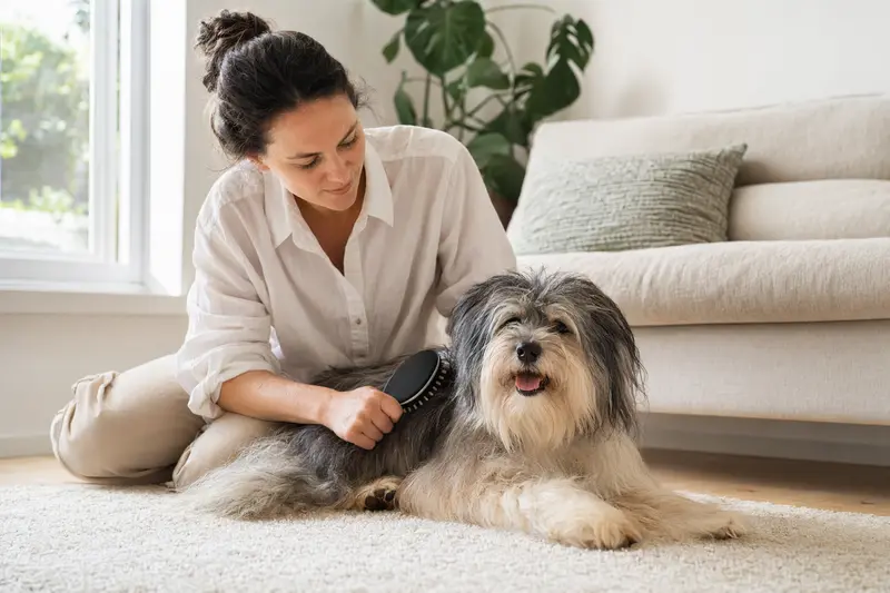 Ein Hawaiian Poi Dog wird in einer hellen Wohnung sanft gebürstet, während sein Besitzer sich liebevoll um die Fellpflege kümmert.