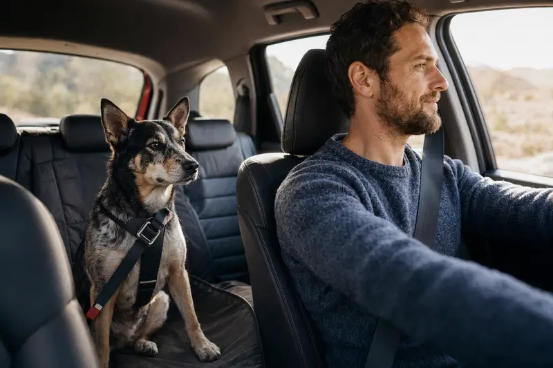 Ein Hawaiian Poi Dog Hund sitzt sicher angeschnallt auf der Rückbank eines Autos, während das Sonnenlicht durch das Fenster scheint.
