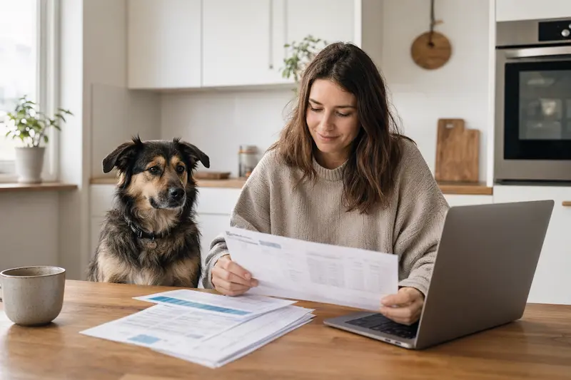 Ein Hawaiian Poi Dog sitzt entspannt neben seinem Besitzer am Küchentisch, wo Versicherungsunterlagen und ein Laptop liegen.