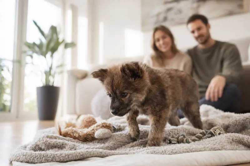 Ein neugieriger Hawaiian Poi Dog Welpe erkundet seine neue Umgebung, umgeben von einer liebevollen Familie.