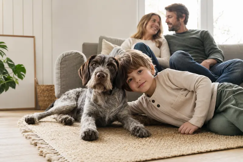Ein freundlicher Heidewachtel Hund liegt entspannt neben einem Kind im Wohnzimmer, während die Eltern im Hintergrund eine sichere Familienatmosphäre schaffen.