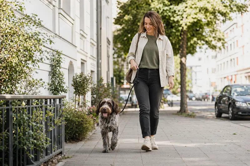 Ein Heidewachtel Hund läuft an der Leine mit seinem Besitzer durch eine freundliche moderne Stadtstraße.