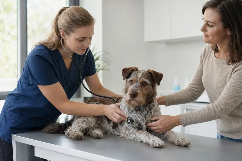 Ein ruhiger Heidewachtel Hund wird von einer freundlichen Tierärztin mit einem Stethoskop in einer modernen Tierarztpraxis untersucht.
