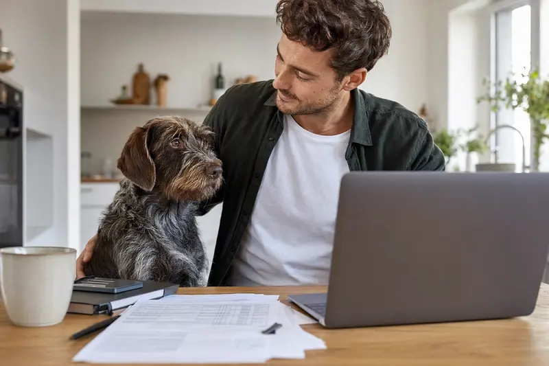 Ein Heidewachtel Hund sitzt ruhig neben seinem Besitzer am Küchentisch mit Versicherungsunterlagen.