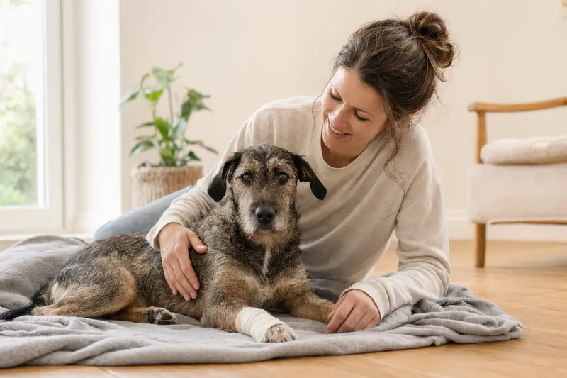 Ein entspannter Heidewachtel Hund mit Verband an der Pfote liegt auf einer Decke, während sein Besitzer beruhigt neben ihm sitzt.