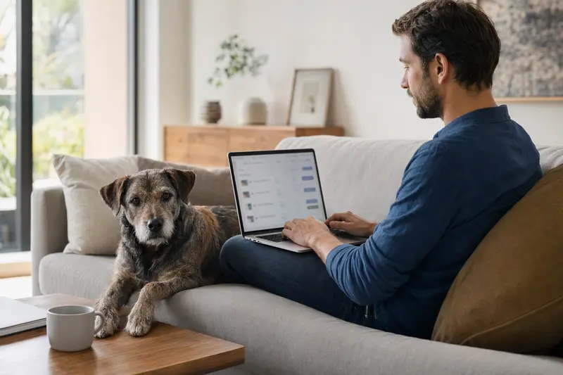 Ein Hundebesitzer sitzt mit einem Laptop auf dem Sofa, während ein Heidewachtel Hund neben ihm sitzt und eine Versicherungsvergleichs-Oberfläche angezeigt wird.