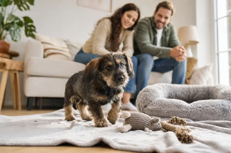 Ein neugieriger Heidewachtel Welpe entdeckt sein neues Zuhause mit liebevoller Familie im Hintergrund.