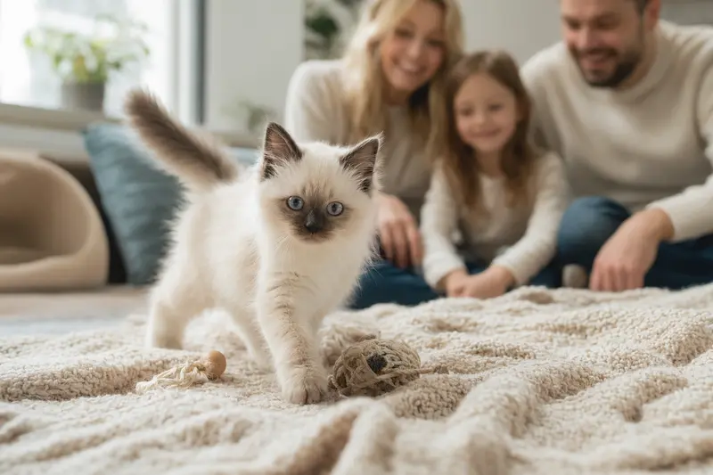 Ein neugieriges Heilige Birma Kitten entdeckt sein neues Zuhause auf einer weichen Decke, während eine liebevolle Familie im Hintergrund lächelt.