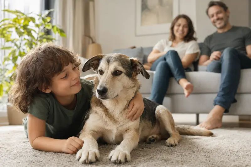 Ein freundlicher Hellenikos Ichnilatis Hund liegt entspannt neben einem Kind im Wohnzimmer, während die Eltern im Hintergrund eine sichere Familienatmosphäre schaffen.