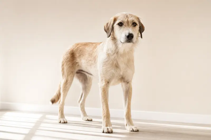 Hellenikos Ichnilatis Hund steht aufmerksam vor hellem Hintergrund in natürlicher Haltung.