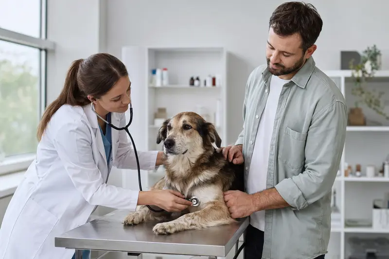 Ein Hellenikos Ichnilatis Hund wird von einer freundlichen Tierärztin untersucht, während der Besitzer beruhigend danebensteht.