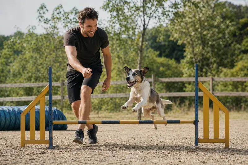 Ein Hellenikos Ichnilatis springt mit seinem Besitzer über eine kleine Trainingshürde auf dem Hundeplatz.