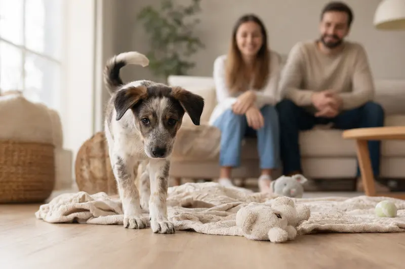 Ein neugieriger Hellenikos Ichnilatis Welpe erkundet mit großen Augen seine neue, helle Wohnung und einen weichen Platz.