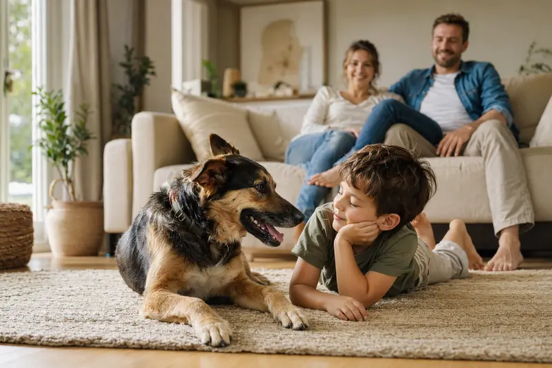 Ein Herder Hund liegt entspannt neben einem Kind im Wohnzimmer, während die Eltern im Hintergrund eine sichere Familienatmosphäre schaffen.