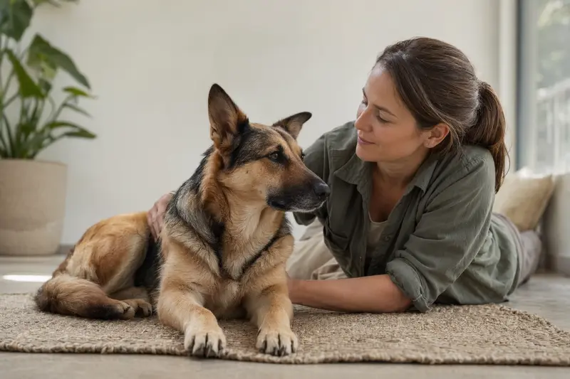 Ein aufmerksamer Herder Hund steht in natürlicher Haltung vor hellem neutralem Hintergrund.