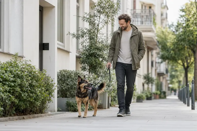 Ein Herder Hund läuft an der Leine mit seinem Besitzer entspannt durch eine saubere moderne Stadtstraße.