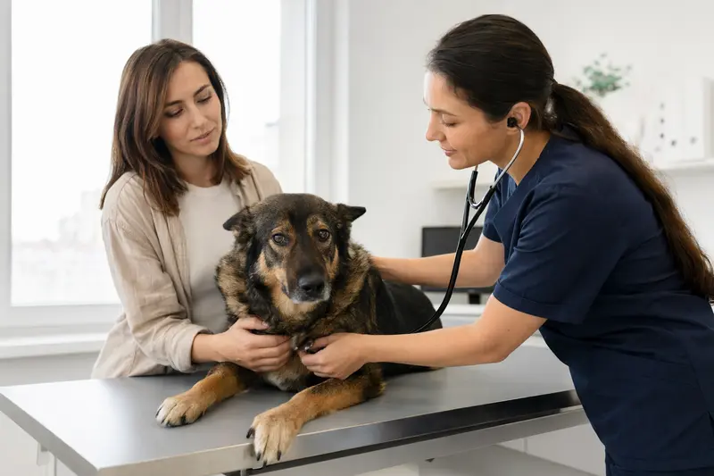 Ein ruhiger Herder Hund wird von einer freundlichen Tierärztin mit einem Stethoskop in einer modernen Tierarztpraxis untersucht.