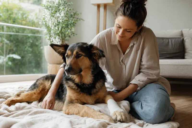 Ein ruhiger Herder Hund mit einem leichten Verband an der Pfote liegt auf einer Decke, während sein erleichterter Besitzer neben ihm sitzt.