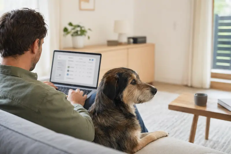 Ein Hundebesitzer sitzt auf dem Sofa mit einem Laptop, während ein Herder Hund neben ihm liegt, der Bildschirm zeigt eine neutrale Versicherungsvergleichs-Oberfläche.