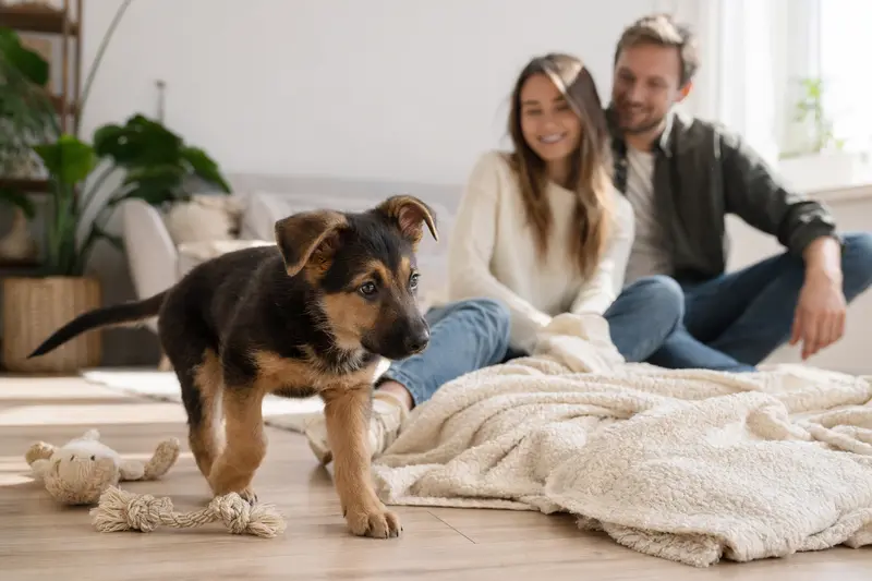 Ein neugieriger Herder Welpe erkundet sein neues Zuhause mit Spielzeug und einer weichen Decke.