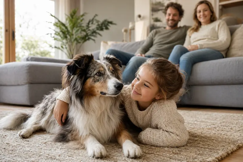 Ein freundlicher Highland Collie liegt entspannt neben einem Kind im hellen Wohnzimmer in einer sicheren Familienatmosphäre.