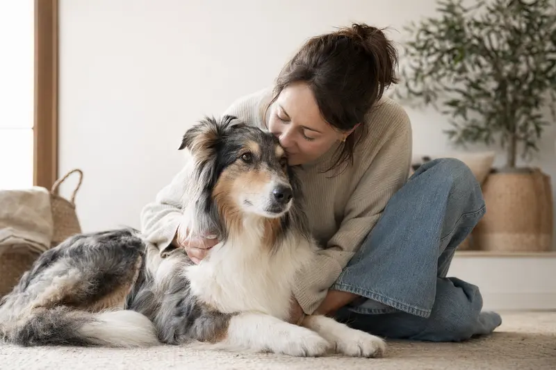 Ein Highland Collie steht aufmerksam in natürlicher Haltung vor hellem Hintergrund und zeigt das typische Fell und die elegante Körperform der Rasse.