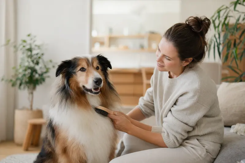 Ein Highland Collie wird in einer hellen Wohnung sanft von seinem Besitzer gebürstet, was die liebevolle Fellpflege beim Hund zeigt.